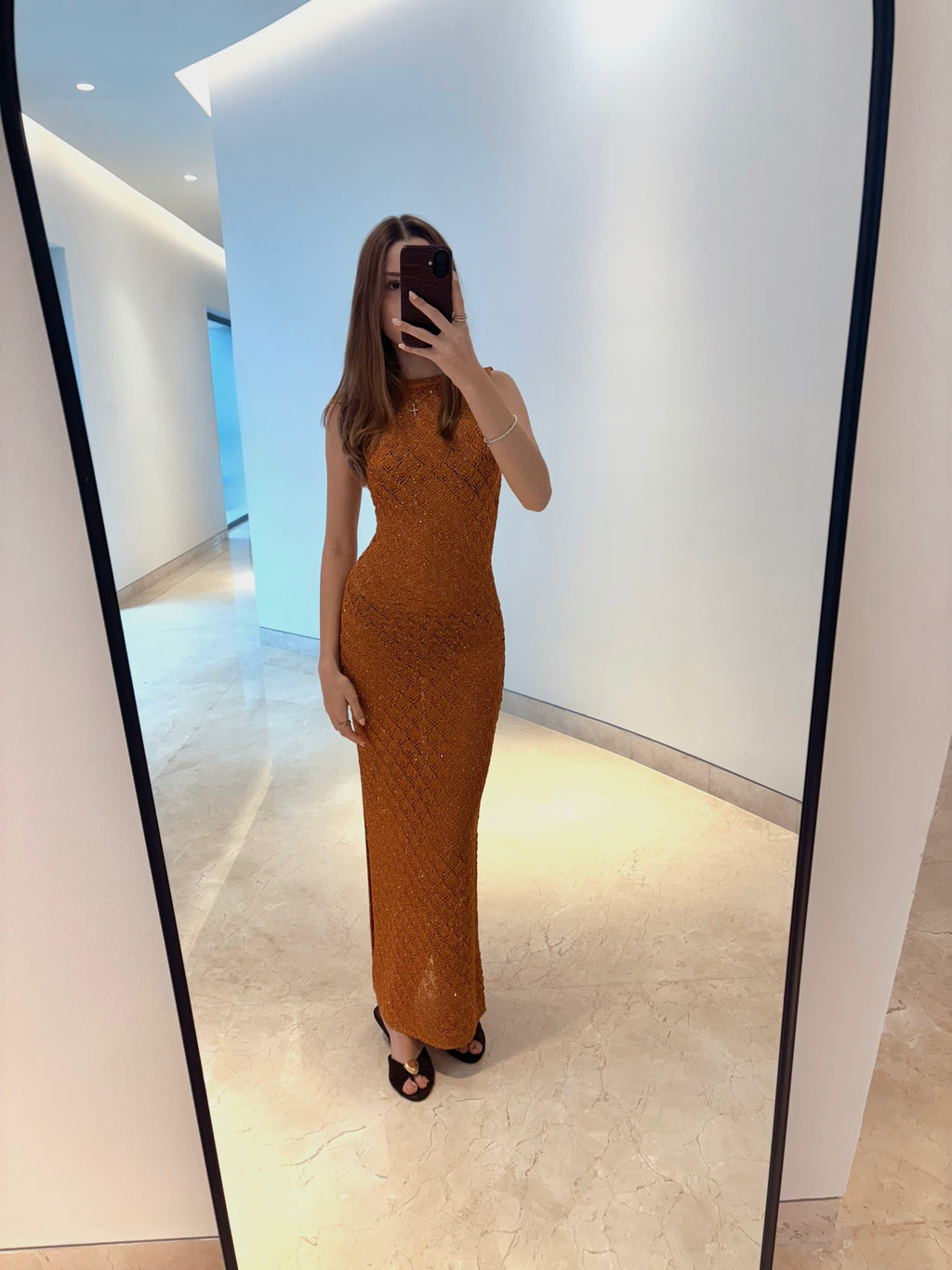 Topshop – Vestido midi de punto metálico con lentejuelas y espalda escotada